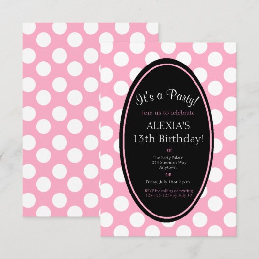 Gepersonaliseerde Pink Polka Dot Party Uitnodiging (Voorkant / Achterkant)