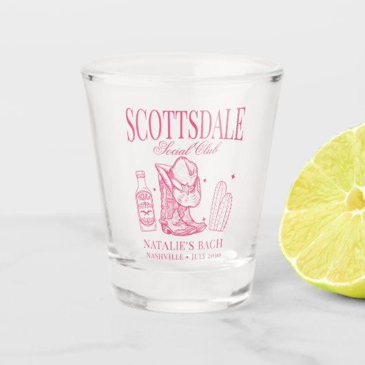 Gepersonaliseerde Pink Scottsdale Bachelorette Par Shot Glas (Voorkant)