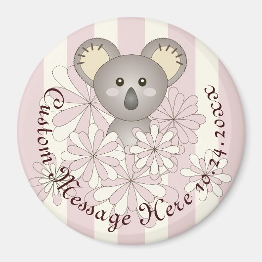 Gepersonaliseerde Pink Stripe Baby Koala Party Fav Magneet (Voorkant)