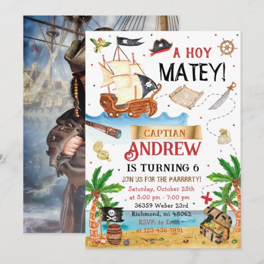 Gepersonaliseerde piraat kind verjaardag kaart (Voorkant / Achterkant)