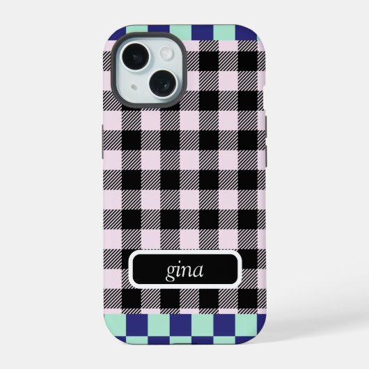 Gepersonaliseerde Plaid Gingham iPhone 15 Case (Achterkant)
