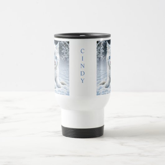 Gepersonaliseerde pluizige witte kitten in sneeuw reisbeker (Center)