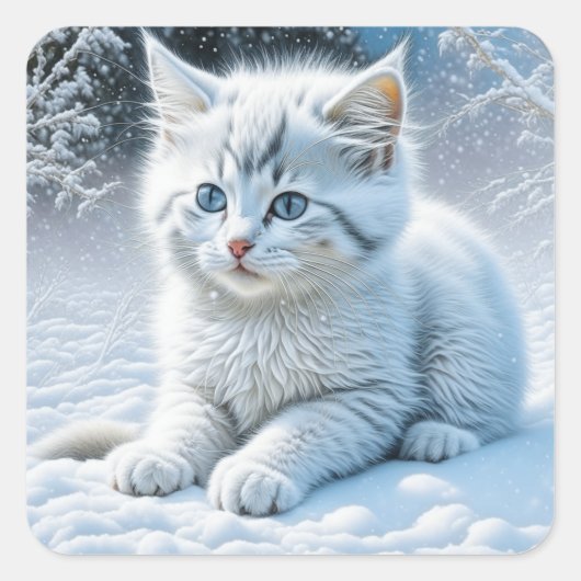 Gepersonaliseerde pluizige witte kitten in sneeuw vierkante sticker (Voorkant)