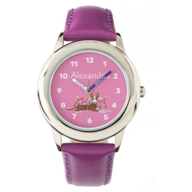 Gepersonaliseerde Podenco Hond Bloemen Girly Roze Horloge (Voorkant)