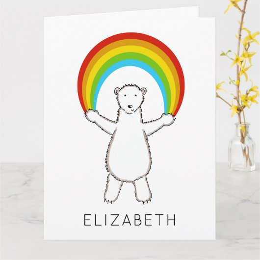 Gepersonaliseerde Polar Beer en Rainbow Verjaardag Kaart (Gele Bloem)