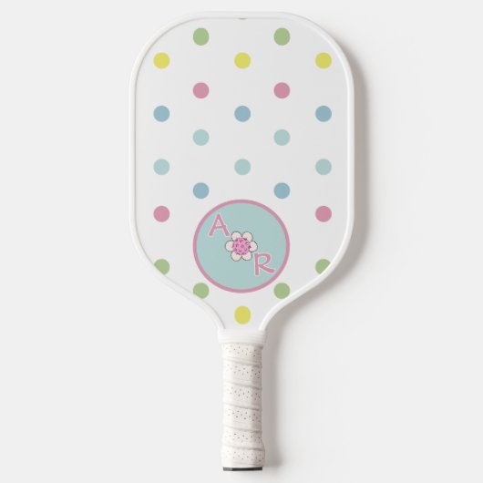 Gepersonaliseerde polka dot met bloemenmonogram pickleball paddle (Voorkant)