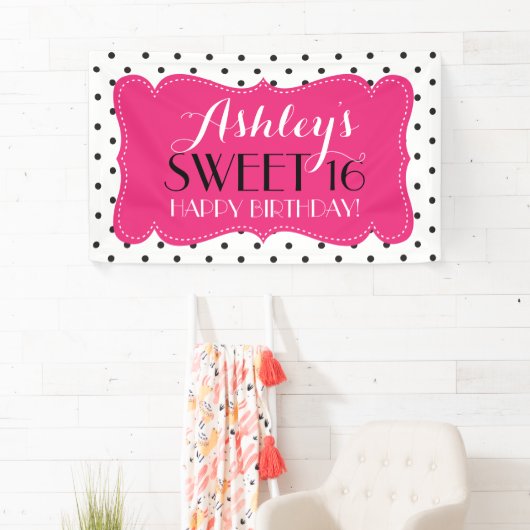 Gepersonaliseerde Polka Dots Sweet 16 Birthday Ban Spandoek (Insitu)