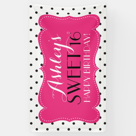 Gepersonaliseerde Polka Dots Sweet 16 Birthday Ban Spandoek (Verticaal)