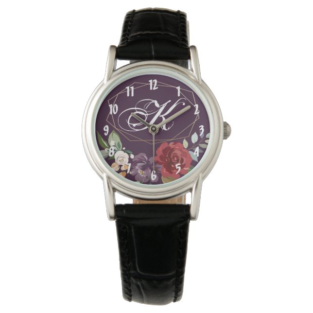 Gepersonaliseerde polshorloge Plum Paarse Rozen Go Horloge (Voorkant)
