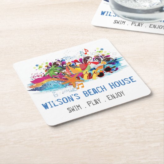 Gepersonaliseerde Pop Art Retro Summer Beach Onder Kartonnen Onderzetters (Schuin)
