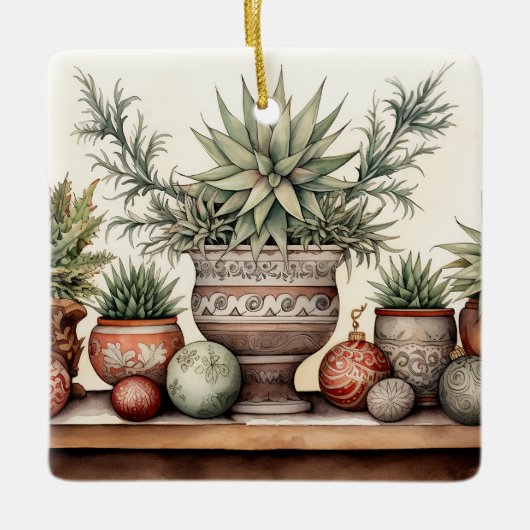 Gepersonaliseerde Potted Succulents Kerstmis Keramisch Ornament (Voorkant)