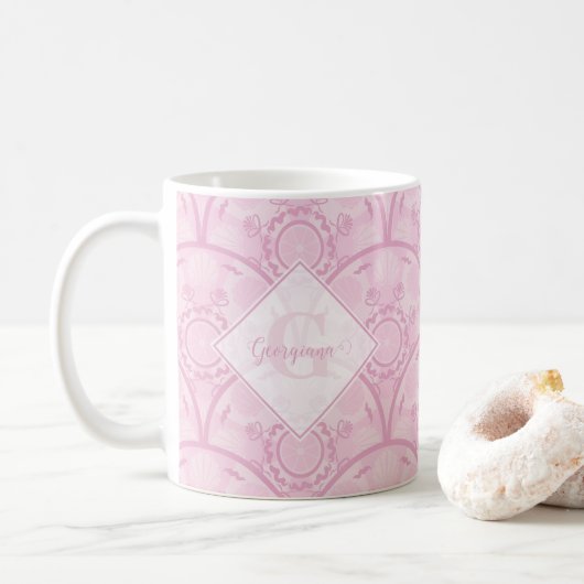 Gepersonaliseerde Preppy in roze Mandala Art Deco Koffiemok (Met donut)