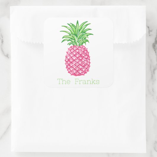 Gepersonaliseerde Preppy Roze Ananas Sterren Vierkante Sticker (Tas)