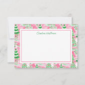 Gepersonaliseerde Preppy Roze en Groene Kerstbomen Bedankkaart (Voorkant)