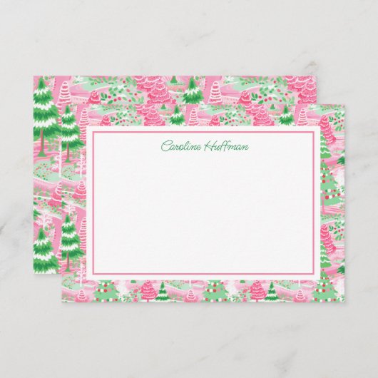 Gepersonaliseerde Preppy Roze en Groene Kerstbomen Bedankkaart (Voorkant / Achterkant)