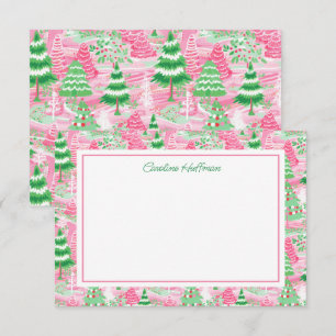 Gepersonaliseerde Preppy Roze en Groene Kerstbomen Bedankkaart