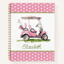 Gepersonaliseerde Preppy Roze Golfkar op Stippen Notitieboek