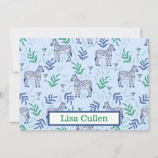 Gepersonaliseerde Preppy Zebra's & Martinis Blauw Bedankkaart (Voorkant)
