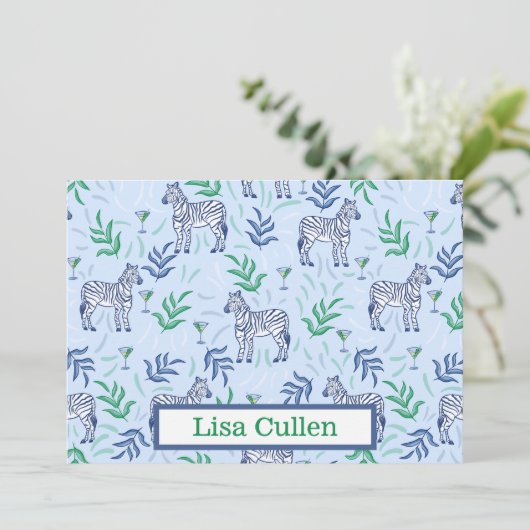Gepersonaliseerde Preppy Zebra's & Martinis Blauw Bedankkaart (Staand voorkant)