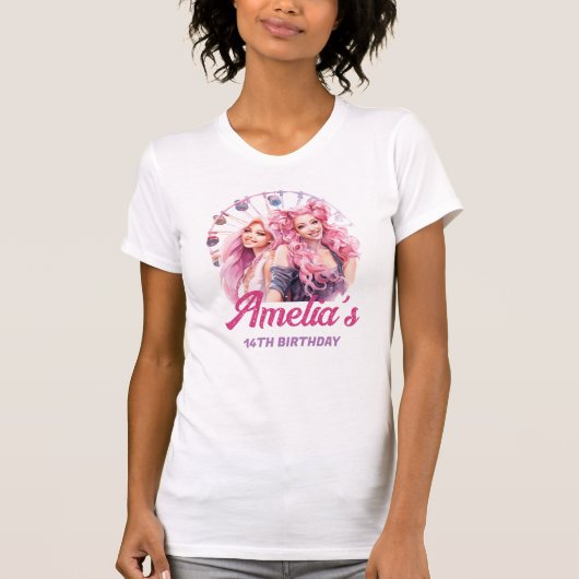 Gepersonaliseerde pretpark roze verjaardag t-shirt (Voorkant)