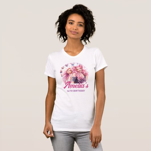 Gepersonaliseerde pretpark roze verjaardag t-shirt (Voorkant volledig)