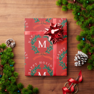 Gepersonaliseerde Prettige feestdagen Red Monogram Cadeaupapier