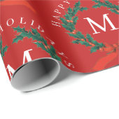 Gepersonaliseerde Prettige feestdagen Red Monogram Cadeaupapier (Rol Hoek)