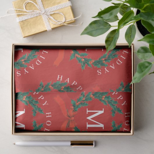 Gepersonaliseerde Prettige feestdagen Red Monogram Tissuepapier (Geschenk)