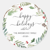 Gepersonaliseerde Prettige feestdagen waterverf Ronde Sticker (Voorkant)