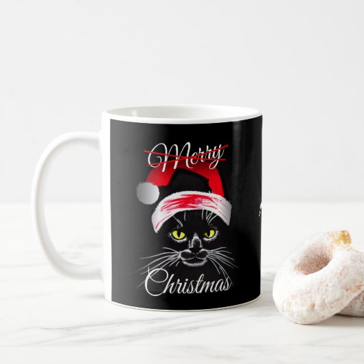 Gepersonaliseerde prettige kerst Zwarte kat Koffiemok (Met donut)