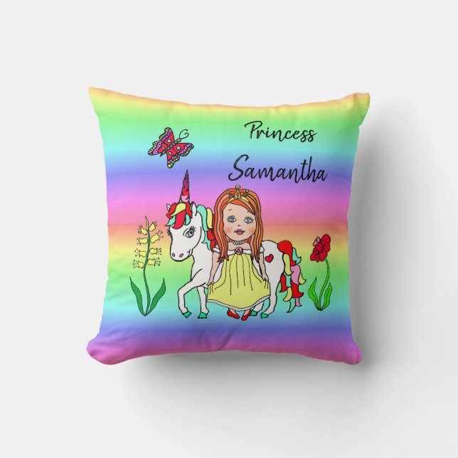 Gepersonaliseerde prinses en Unicorn Rainbow Girl Kussen (Voorkant)