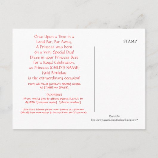 Gepersonaliseerde Prinses verjaardagsfeestje uitno Uitnodiging Briefkaart (Achterkant)