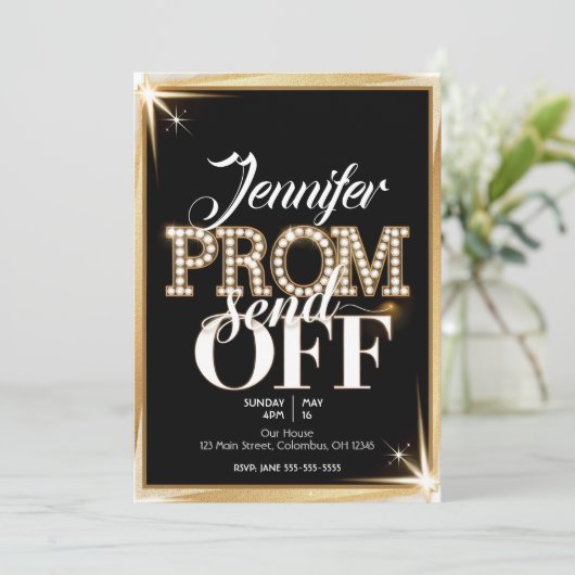 Gepersonaliseerde PROM SEND-OFF Elegant Zwart en G Kaart (Staand voorkant)