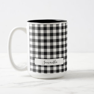 Gepersonaliseerde Pset Black White Rustic Gingham  Tweekleurige Koffiemok