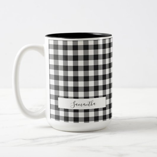 Gepersonaliseerde Pset Black White Rustic Gingham  Tweekleurige Koffiemok (Links)