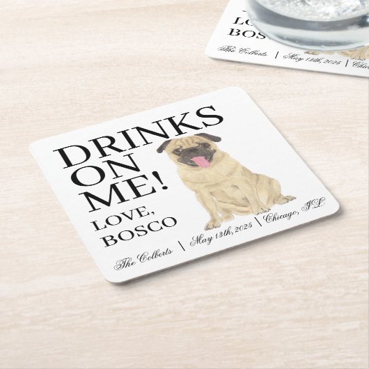 Gepersonaliseerde Pug Dog Wedding Kartonnen Onderzetters (Schuin)