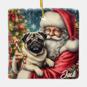 Gepersonaliseerde Pug met Santa Keramisch Ornament
