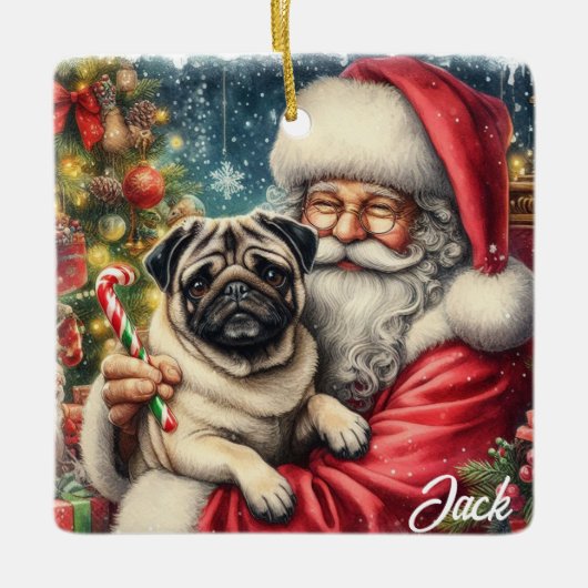 Gepersonaliseerde  Pug met Santa Keramisch Ornament (Voorkant)