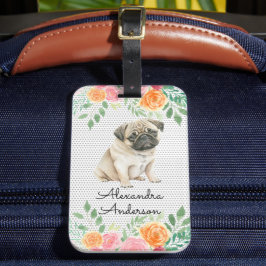 Gepersonaliseerde Pug Puppy Bloemen Bagagelabel