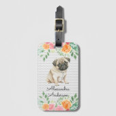 Gepersonaliseerde Pug Puppy Bloemen Bagagelabel (Voorkant (verticaal))