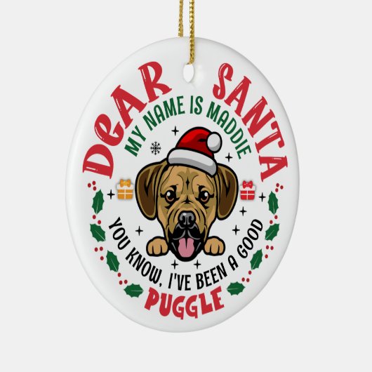 Gepersonaliseerde Puggle Dog Kerstboom Rond Wit Keramisch Ornament (Rechts)