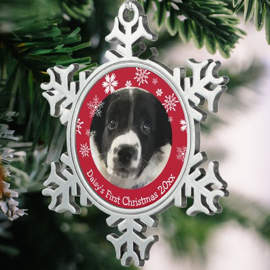 Gepersonaliseerde Puppy's Eerste Kerstmis Tin Sneeuwvlok Ornament