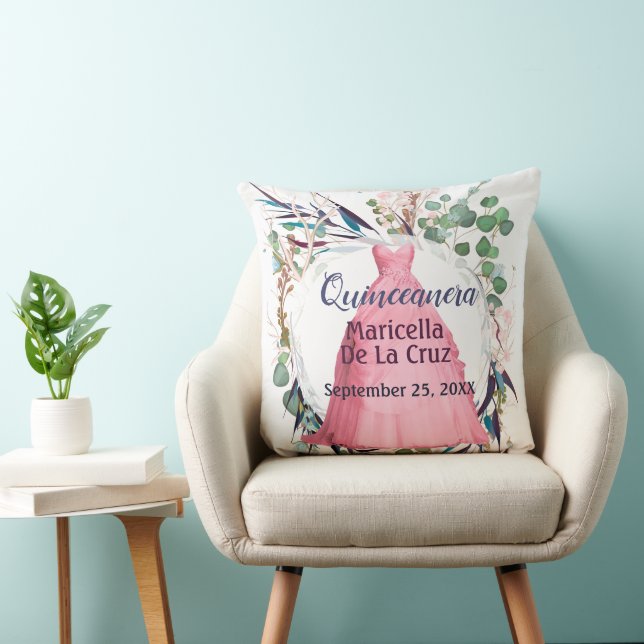 Gepersonaliseerde Quinceanera Gift Roze Jurk Kussen (Stoel)