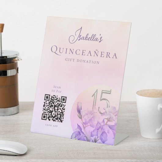 Gepersonaliseerde Quinceanera QR Code Cash App Reclamebord Met Voetstuk (Insitu)