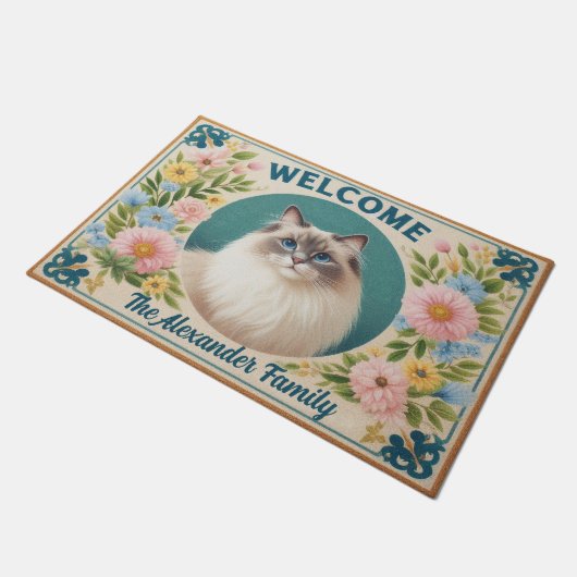 Gepersonaliseerde Ragdoll Cat Serenity Floral Welk Deurmat (Schuin)