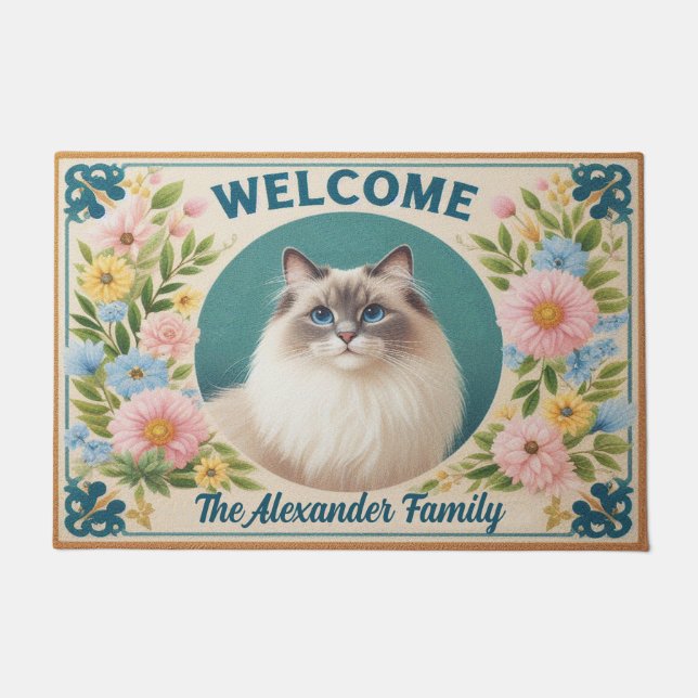 Gepersonaliseerde Ragdoll Cat Serenity Floral Welk Deurmat (Voorkant)