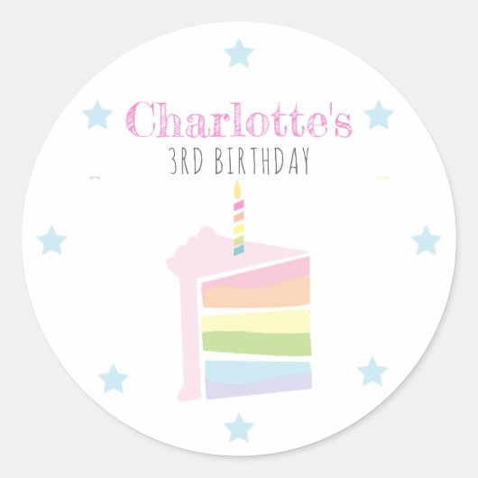 Gepersonaliseerde Rainbow Cake Pastel Verjaardag Ronde Sticker (Voorkant)
