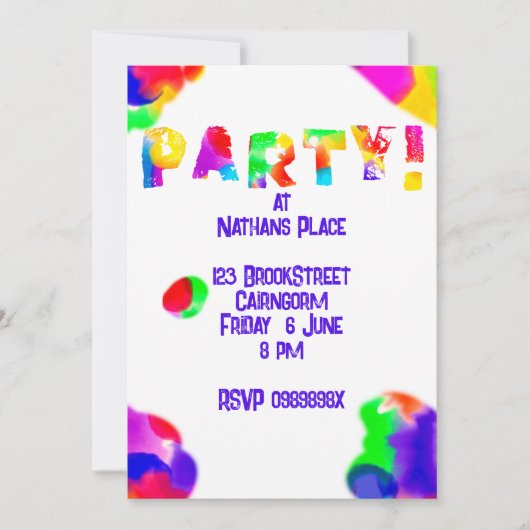 Gepersonaliseerde Rainbow Color Splash Party uitno Kaart (Voorkant)