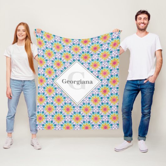 Gepersonaliseerde Rainbow Floral Fountain Art Deco Fleece Deken (In situ)