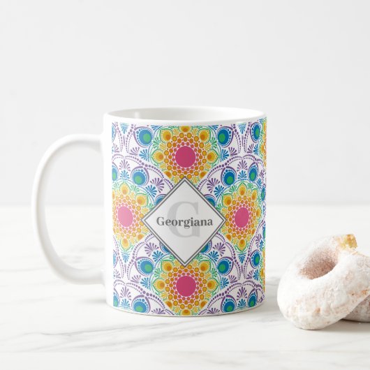 Gepersonaliseerde Rainbow Floral Fountain Art Deco Koffiemok (Met donut)